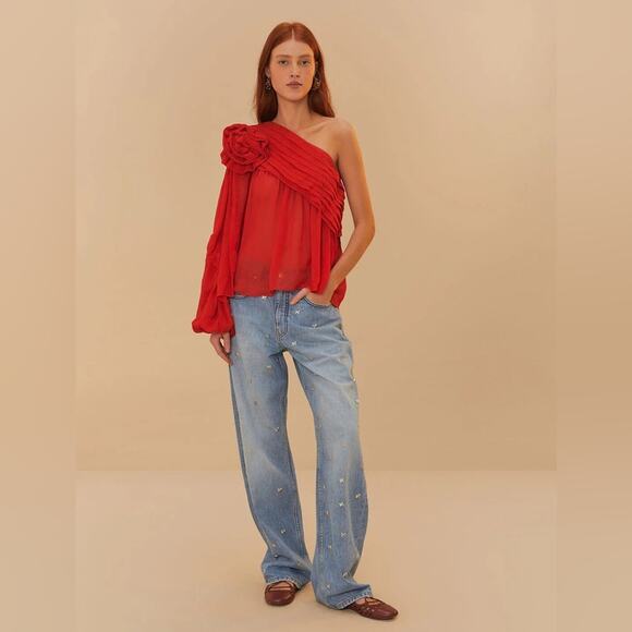 Farm Rio Red Rose Puff Sleeve One-Shoulder Blouse XL - Picture 10 of 10